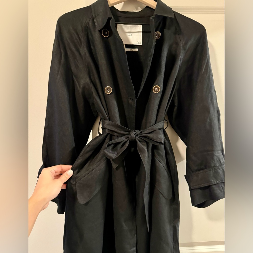 MANGO 100% Linen Trench Coat Black
